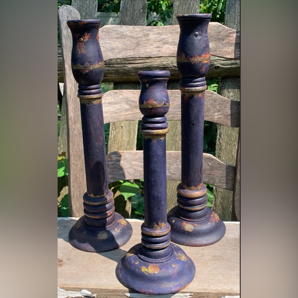 Three Wood Metal Distressed Candlesticks